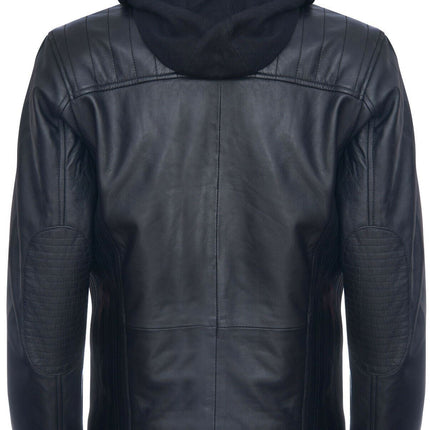 Mens Black Hooded Leather Biker Jacket-Salvador
