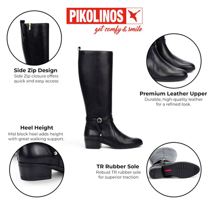 Pikolinos Women's Knee High Tall Black Leather Boots - Daroca