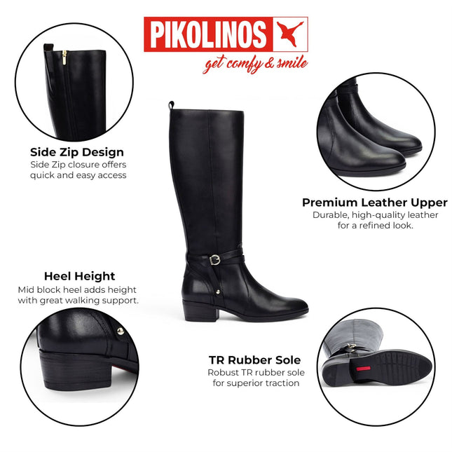 Pikolinos Women's Knee High Tall Black Leather Boots - Daroca