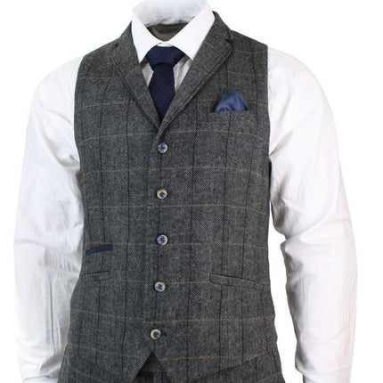 Mens 3 Piece Charcoal Grey Check Tweed Herringbone Vintage Classic Suit