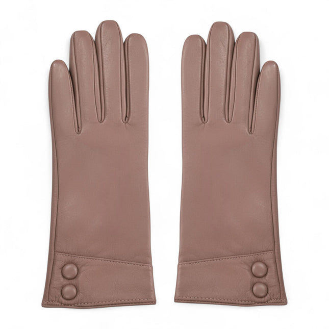 Womens Nude Beige Italian Leather Winter Button Design Soft Wool Lining Gloves - L-GLV-501
