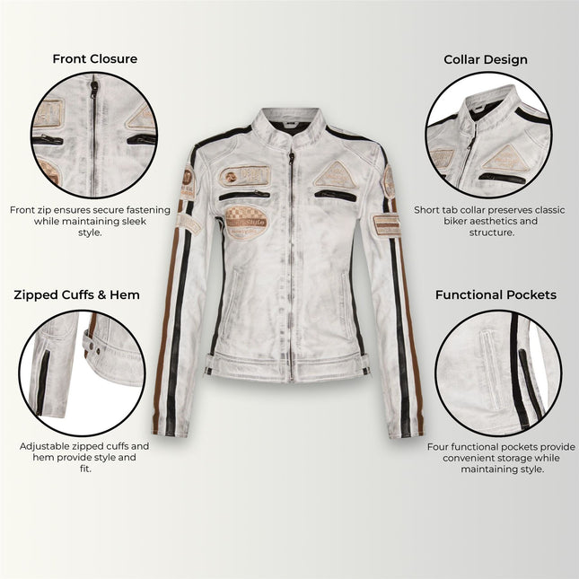 Womens Biker Racing Badges Leather Jacket-Eastleigh
