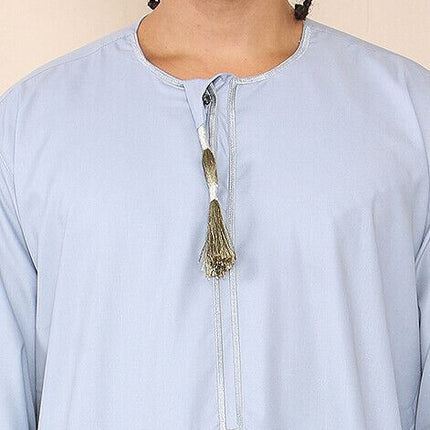 Mens Blue Thobe Jubba Saudi Islamic Arab Eid Emirati Kaftan Jubbah Tassel Robe
