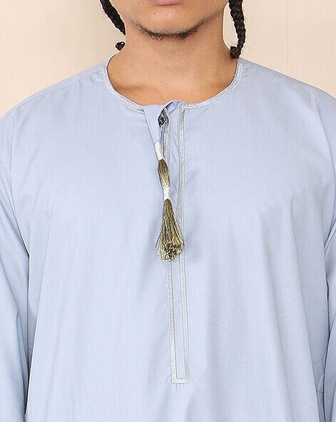 Mens Blue Thobe Jubba Saudi Islamic Arab Eid Emirati Kaftan Jubbah Tassel Robe