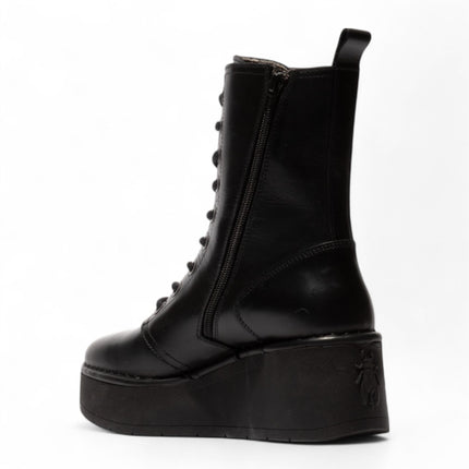 Fly London Womens Black Hait273 Leather Lace-Up Chunky Platform Ankle Boots