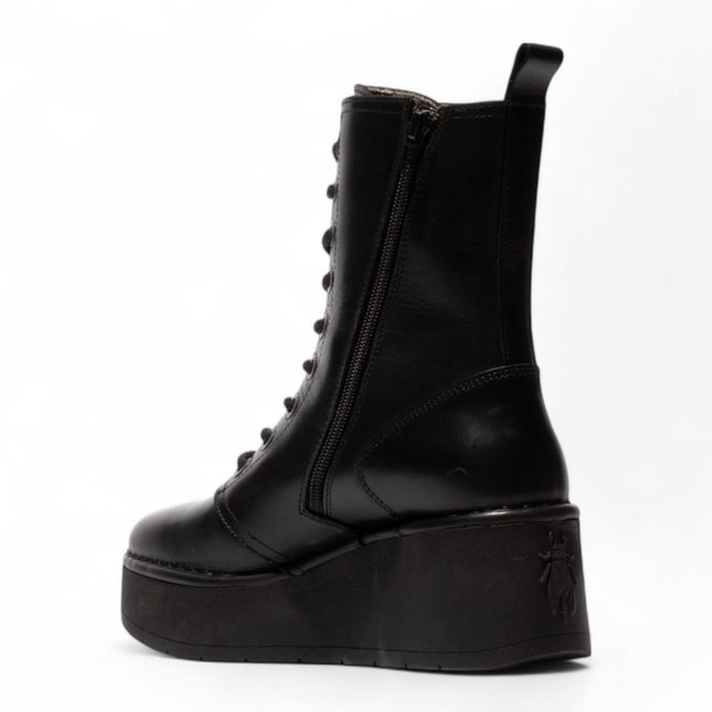 Fly London Womens Black Hait273 Leather Lace-Up Chunky Platform Ankle Boots