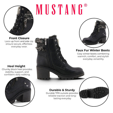 Mustang Women's Black Winter Warm Heeled Lace-Up Boots - M0122001