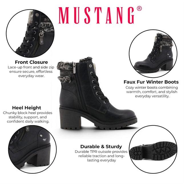 Mustang Women's Black Winter Warm Heeled Lace-Up Boots - M0122001