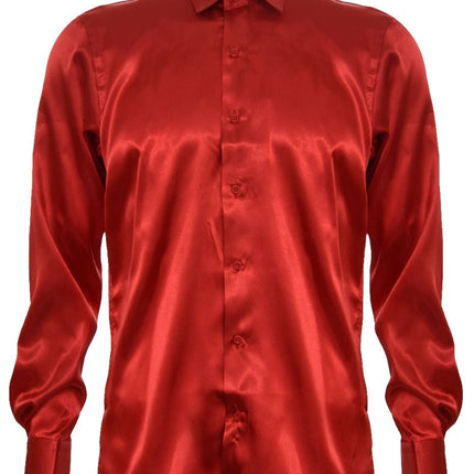 Mens Red Satin Silk Shirt Smart Casual Button Down Cuff Tailored Fit