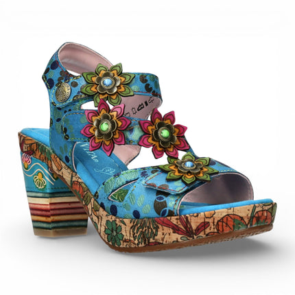 Laura Vita Women's Nellao 33 Blue Floral Leather Wedge Heel Espadrille Sandals