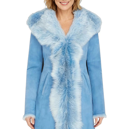Womens Blue Toscana Sheepskin Suede Leather Hooded Trench Coat - Aura