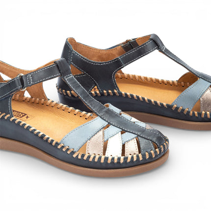 Pikolinos Women's Ocean Blue Leather Semi-Open Wedge Sandal Shoes - Cadaques