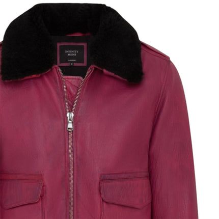 Mens Burgundy Leather Aviator Bomber Jacket - Lunar