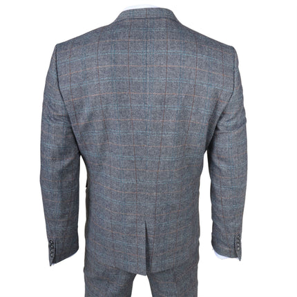 Men's Light Blue Grey Check Tweed 3-Piece Suit Vintage Pattern Tailored Fit Woollen Suit