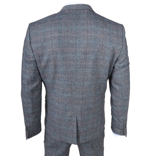 Men's Light Blue Grey Check Tweed 3-Piece Suit Vintage Pattern Tailored Fit Woollen Suit
