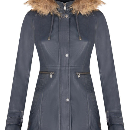 Womens Warm Leather Hooded Parka Jacket-Northwich