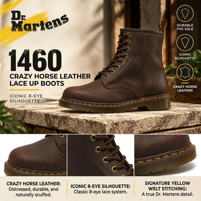 Dr Martens 1460 Brown Crazy Horse Leather Combat Boots - 11822203