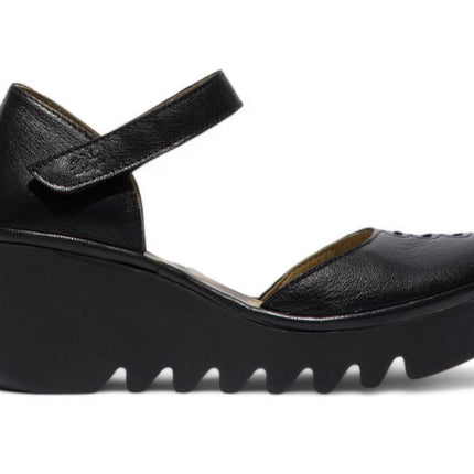 Fly London Women's Black Biso305Fly Mousse Leather Wedge Sandals