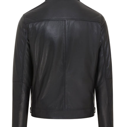Men's Black Striped Café Racer Biker Leather Motorcycle Jacket