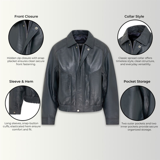 Womens Navy Leather Biker Bomber Oversized Jacket - Blouson