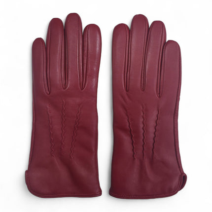 Womens Red Italian Leather Winter Stitch Line Design Soft Wool Lining Gloves - L-GLV-301
