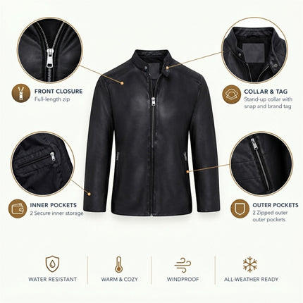 Mens Leather Black Stand Collar Cafe Racer Biker Jacket - E184
