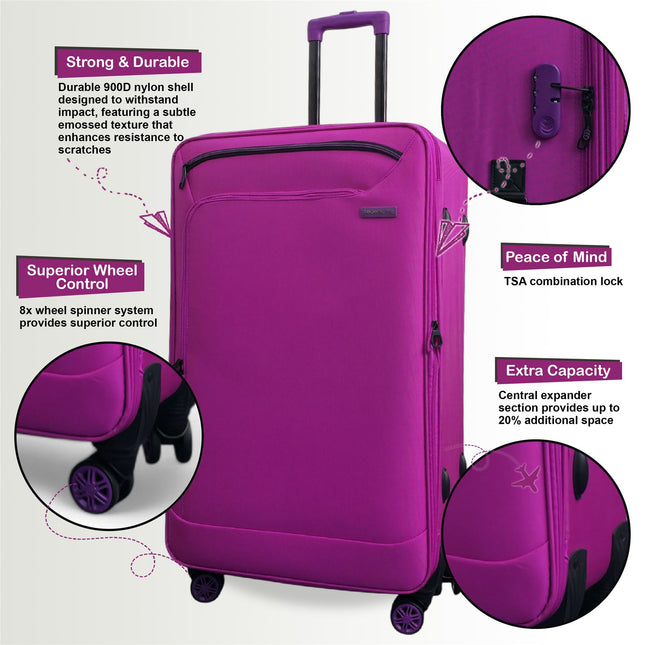 Lightweight Soft Shell 8 Wheels Luggage Travel Cabin Holiday Bags Suitcase Set