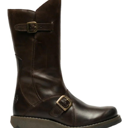 Fly London Womens Brown Mes 2 Wedge Heel Buckle Mid-Calf Leather Zip Platform Boots