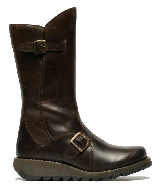 Fly London Womens Brown Mes 2 Wedge Heel Buckle Mid-Calf Leather Zip Platform Boots