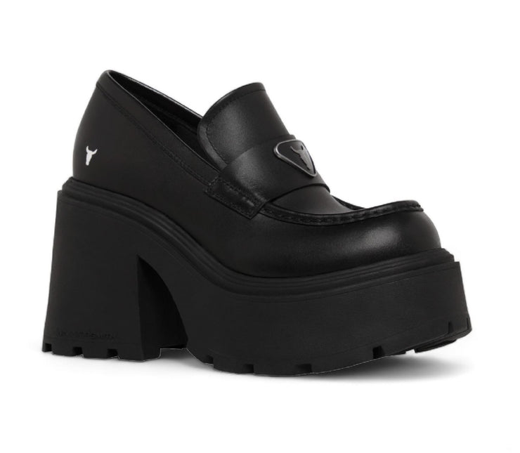 Windsorsmith Womens Black Leather Platform Loafers Shoes - Spolied