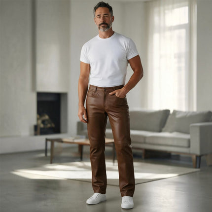 Mens Brown Lamb Leather 501 Biker Jeans - Istanbul