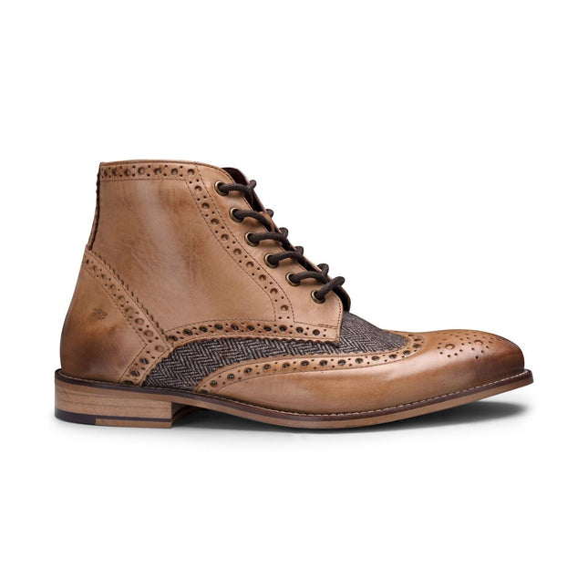 Mens Classic Oxford Tan Leather Gatsby Brogue Ankle Boots With Tweed