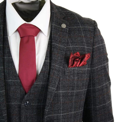 Mens 3 Piece Charcoal Grey Tweed Check Vintage Retro Suit
