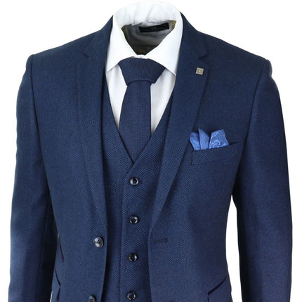 Mens 3 Piece Navy Blue Birdseye Tweed Classic Suit