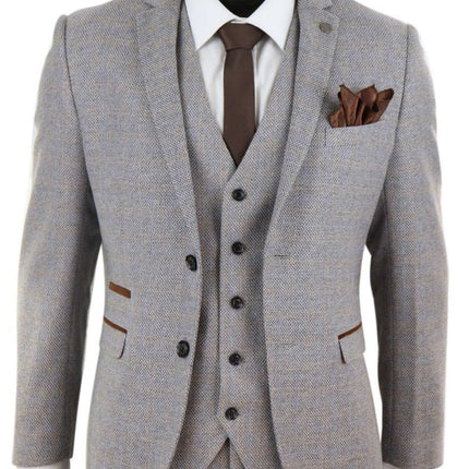 Mens 3 Piece Cream Tweed Check Vintage Retro Suit