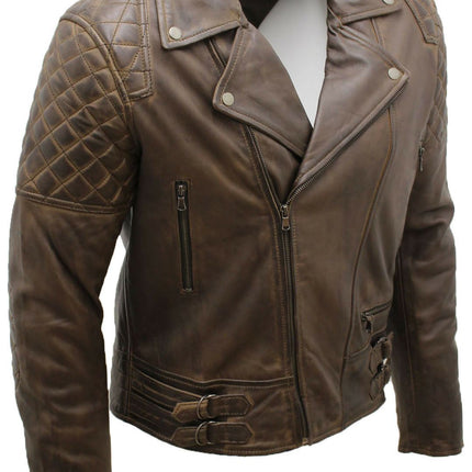 Mens Quilted Leather Biker Jacket-Bordeaux