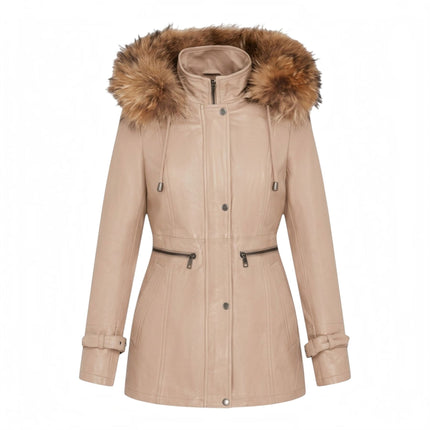 Womens Beige Warm Leather Hooded Parka Jacket-Northwich