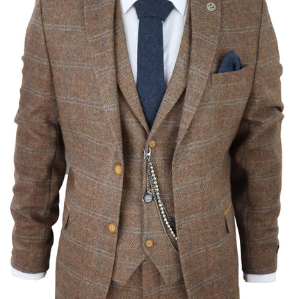 Mens 3 Piece Wool Suit Oak Brown Tweed Herringbone Check Peaky Blinders Gatsby