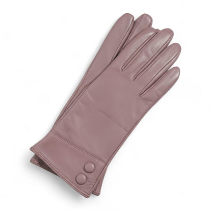Womens Nude Beige Italian Leather Winter Button Design Soft Wool Lining Gloves - L-GLV-501