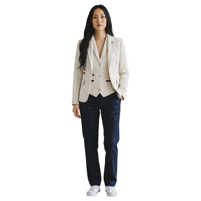 Women's Cream Herringbone Wool Tweed Blazer Waistcoat 2 Piece Set - WS-1
