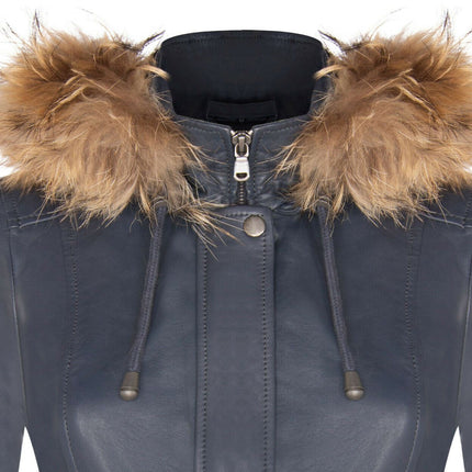 Womens Warm Leather Hooded Parka Jacket-Northwich