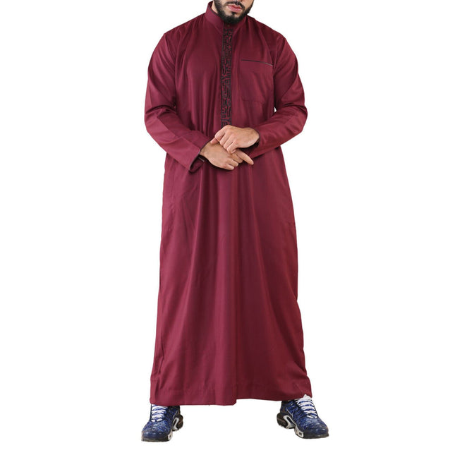 Mens Wine Thobe Jubba Emirati Islamic Arabic Eid Embroidery Kaftan Jubbah Robe