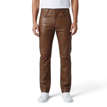 Mens Brown Lamb Leather 501 Biker Jeans - Istanbul