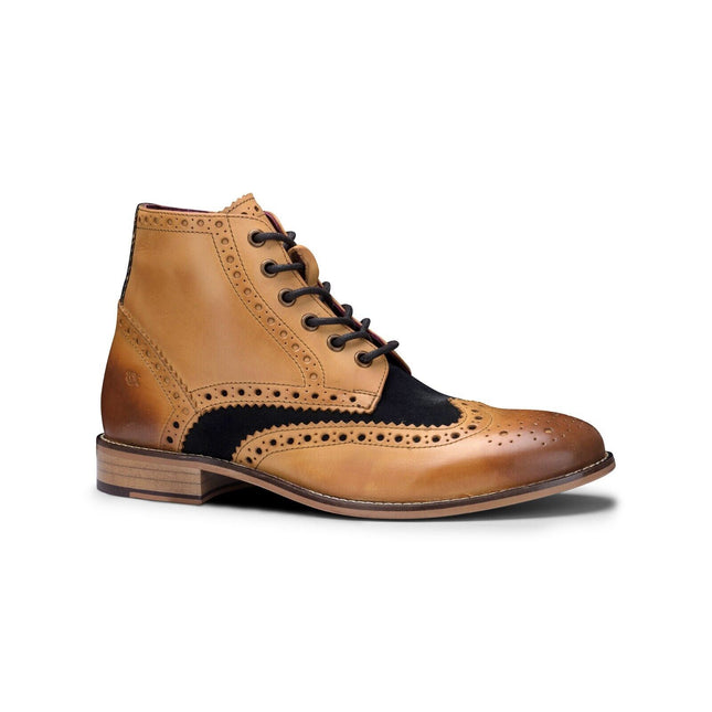 Mens Classic Oxford Tan Leather Gatsby Brogue Ankle Boots With Navy Suede