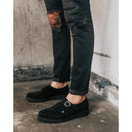 TUK Pointed Creeper Black Suede Monk Buckle Platform Shoes - A8139