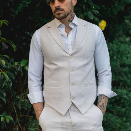 Men's Summer 2 Piece Suit Linen Formal Cream Beige Waistcoat Trousers