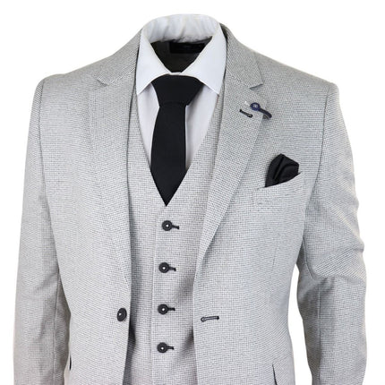 Mens 3 Piece Light Grey Check Tweed Retro Classic Suit