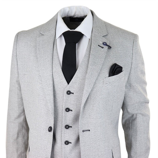 Mens 3 Piece Light Grey Check Tweed Retro Classic Suit