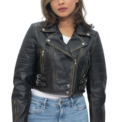 Womens Cropped Brando Leather Biker Jacket-Damascus