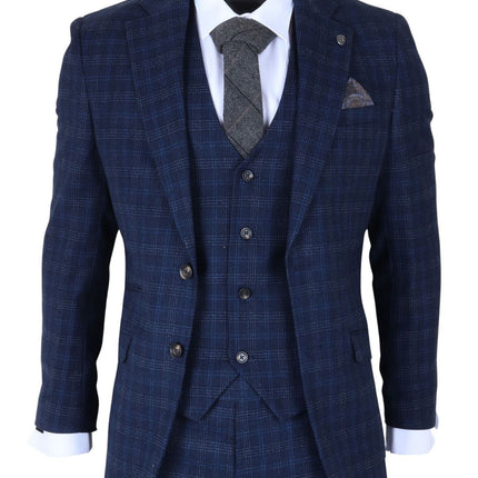 Men's Navy Blue Plain Check 3 Piece Suit Slim Fit Formal Suit